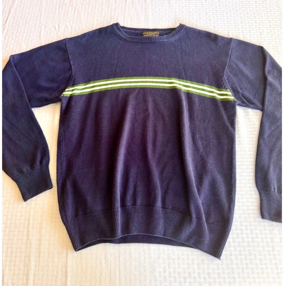 Steve & Barrys Mens Large Navy Blue Cotton Striped Crewneck Sweater Vintage 90s